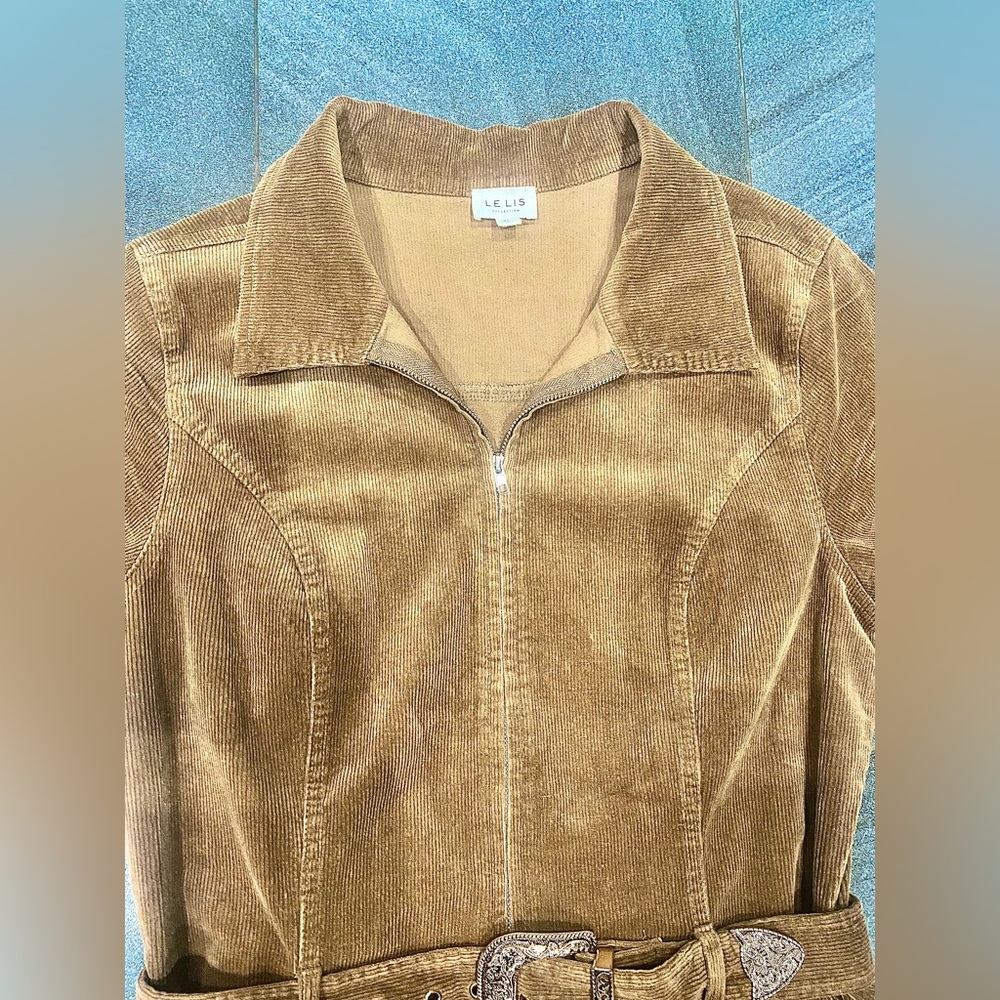Le Lis Brown Corduroy Zip Front Short Sleeve Dress with Gold Western Buckle Sz L - Picture 2 of 7
